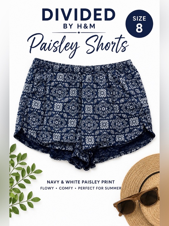 Divided Pants - Divided by H&M Navy Blue Paisley Print Shorts Size 8 | Boho Bandana Summer